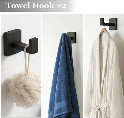 5-Pieces Wall Mount Bathroom Hardware Set,23.6in Towel Bar Set,Matte Black | Waterproof Stainless Steel Bathroom Accessories,Toilet Paper Holder with Shelf,Towel Ring,Coat Hook