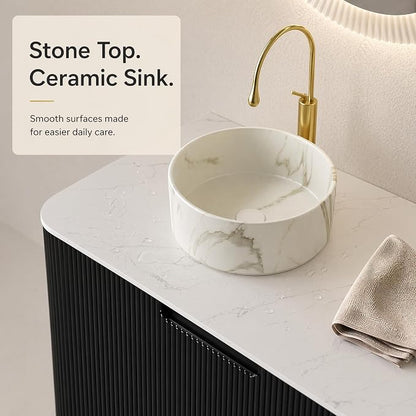 60 Inch Double Sink Bathroom Vanity, Floating Wall Mounted Cabinet, Black Curved Fluted Front, Stone Top, Dual Marble-Look Round Vessel Basins, Pre-Assembled