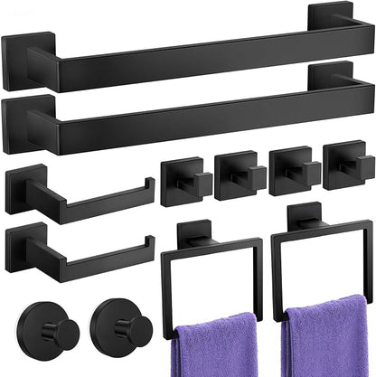 Bathroom Hardware Accessories Set: Bath Towel Bar Set, Towel Racks for Bathroom Wall Mounted, SUS304 Stainless Steel (Matte Black, 12-Pieces)