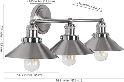 JONATHAN Y 26.5" Nickel 3-Light Industrial Farmhouse Metal Vanity Light Wall Sconce, Metal Shade for Bathroom Mirror, Kitchen, Entryway, LED Bulb Included (JYL7428B)