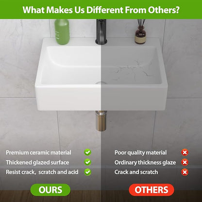 Wall Mount Bathroom Sink 20"x14" Floating Vessel Sink | Rectangle Bathroom Sink Vessel Sink For Bathroom Ceramic White Wall Mount Sink for Rvs, Restroom, Toilet