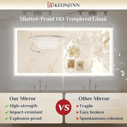 Keonjinn 72x36 Inch Nickel LED Bathroom Mirror with Lights, Beveled Edge | HD Tempered Glass, Frontlit & Backlit, Large Lighted Bathroom Mirror, 3 Color Temperatures, Anti-fog, Stepless Dimmable