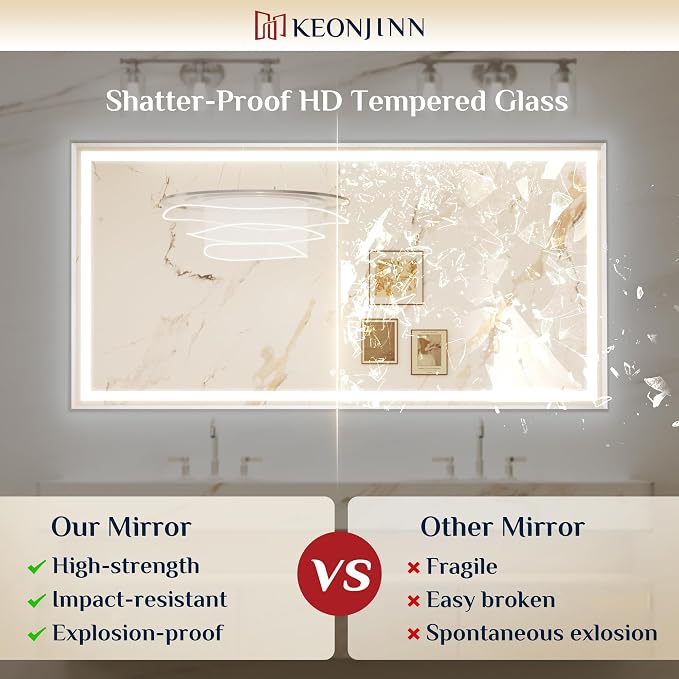 Keonjinn 40x30 Inch Nickel LED Bathroom Mirror with Lights, Beveled Edge | Frontlit & Backlit, Lighted Bathroom Mirror, HD Tempered Glass, 3 Color Temperatures, Anti-fog, Stepless Dimmable