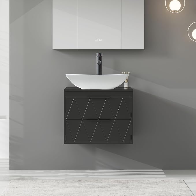 eclife 24" Floating Bathroom Vanities with Sink Combo, Wall Mounted Modern Cabinet W/Diamond Line Pattern Design, White Curved Ceramic Vessel Sink W/Water Save Faucet & Pop Up Drain, Black