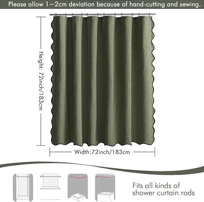 MIULEE Olive Green Scalloped Linen Shower Curtain 72x72 Inches | Linen Textured, Waterproof, Washable, 12 Metal Hooks, Heavy Duty Cloth, Black Border, Shower Curtain for Bathroom Bathtub