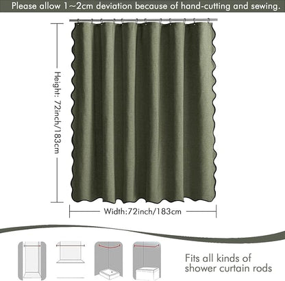 MIULEE Olive Green Scalloped Linen Shower Curtain 72x72 Inches | Linen Textured, Waterproof, Washable, 12 Metal Hooks, Heavy Duty Cloth, Black Border, Shower Curtain for Bathroom Bathtub