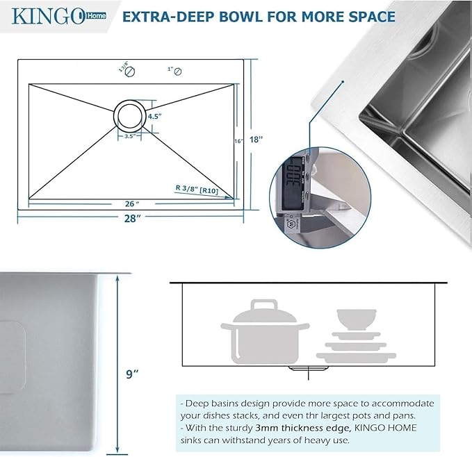 KINGO HOME 28 Inch Drop in Kitchen Sink, 304 Stainless Steel Single Bowl Basin, Top Mount 16 Gauge 28x18 Inch Brushed Nickel Dishwasher Sinks for Workstation, RV, Laundry, Commercial and Bar Sink
