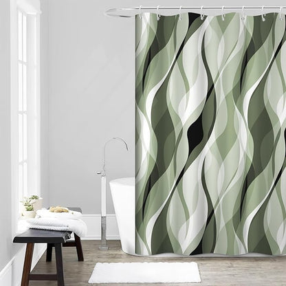 Sage Green Shower Curtain, Abstract Ombre Green and Grey Striped Shower Curtain Set for Bathroom Waterproof Polyester Shower Curtain with Hooks, 54x72 Inch