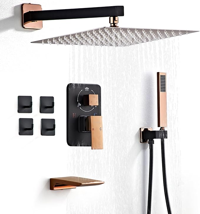 Shower Faucet Set Complete with Tub Spout Matte Black and Rose Gold Shower System with 10 inch Rainfall Shower Head and Handheld Shower Rain Shower Combo for Bathroom Wall Mounted