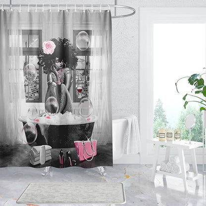 African American Woman Shower Curtain Waterproof Polyester Fabric Shower Curtain for Bathroom Grey Bathroom Curtain Machine Washable Quick Dry 72 x 72 Inches with 12 Hooks