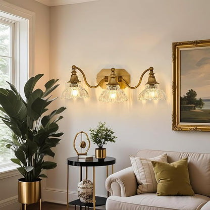 hesoge Vintage Bathroom Light Fixture Brushed Gold Vanity Light with Crystal Glass Shade Antique Brass 3 Light Bathroom Light Over Mirror