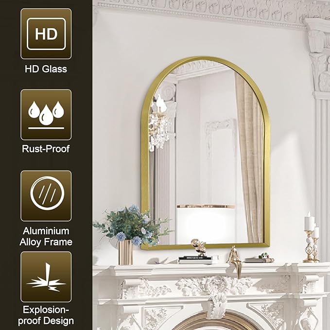 Arched Mirrors for Wall, Brushed Metal Frame Mirror, Arch Bathroom Vanity Mirror for Living Room Bedroom Mantel Hallways Home Decor Aluminum Alloy Frame 26"x18"