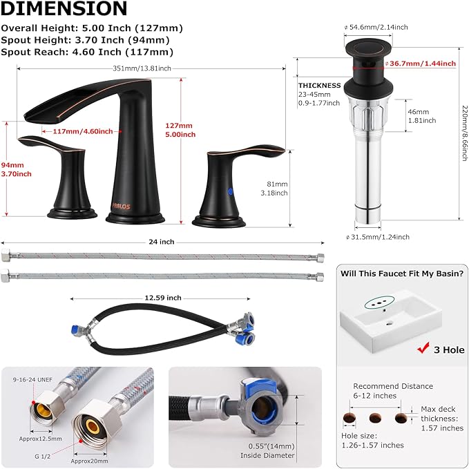 PARLOS Waterfall Widespread Bathroom Faucet Double Handles with Metal Pop Up Drain & cUPC Faucet Supply Lines, Oil Rubbed Bronze, Demeter 1431803