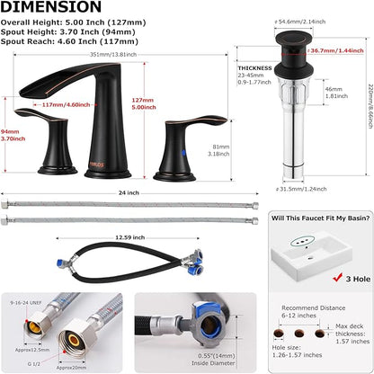 PARLOS Waterfall Widespread Bathroom Faucet Double Handles with Metal Pop Up Drain & cUPC Faucet Supply Lines, Oil Rubbed Bronze, Demeter 1431803