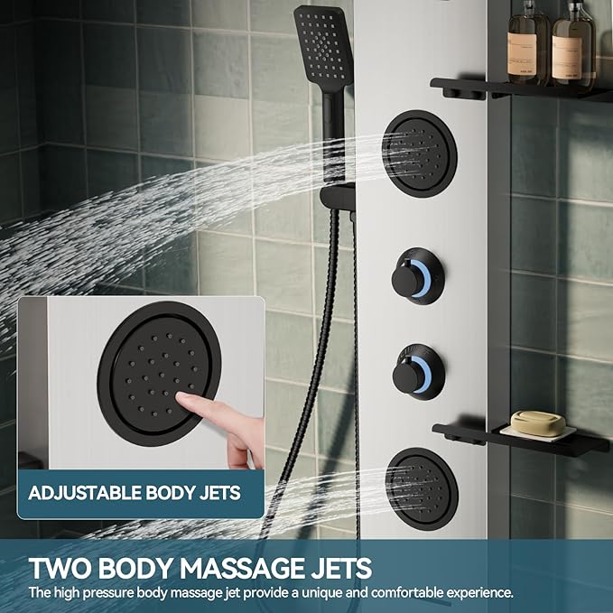 5 in 1 Brushed Nickel Shower Panel Tower System With Storage Shelf, 304 Stainless Steel Shower Tower with Rainfall Shower Handheld and Tub Spout, Powerful Body Jets, Wall-Mounted Shower Set