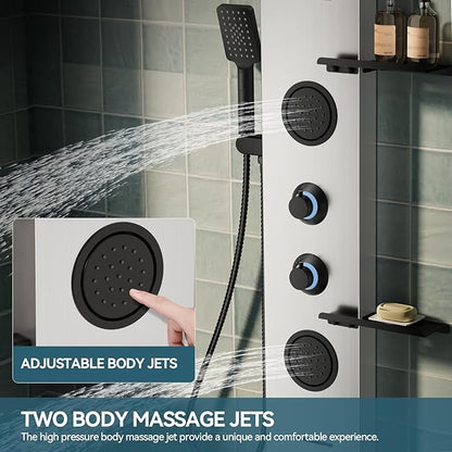 5 in 1 Brushed Nickel Shower Panel Tower System With Storage Shelf, 304 Stainless Steel Shower Tower with Rainfall Shower Handheld and Tub Spout, Powerful Body Jets, Wall-Mounted Shower Set