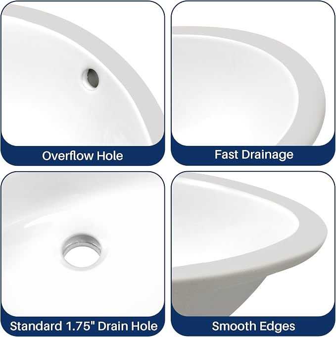 Enbol 15x12 inch Oval Undermount Ceramic Bathroom Sink - White Porcelain Vessel Lavatory Basin with Overflow, Countertop Vanity Sink ECU1512