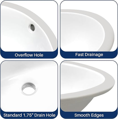 Enbol 15x12 inch Oval Undermount Ceramic Bathroom Sink - White Porcelain Vessel Lavatory Basin with Overflow, Countertop Vanity Sink ECU1512