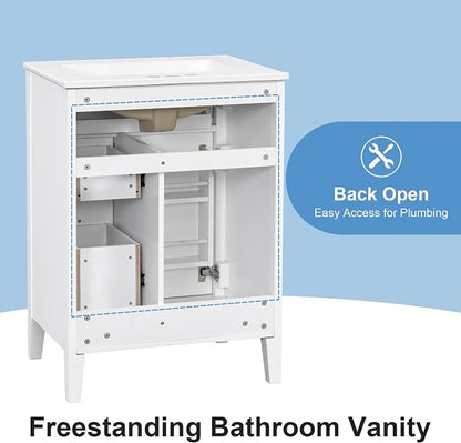 Merax 24 Inch Bathroom Vanities with Undermount Ceramic Sink, Tip-Over Drawer and Side Drawers, Soft Closing Door with Shelf, Solid Wood Frame, White