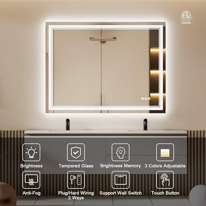 40x30 Inch LED Bathroom Mirror with Lights | Front and Backlit, 3 Colors, Dimmable, Memory, Anti Fog, Shatterproof, Horizontal/Vertical, Lighted Mirrors for Bathroom Wall