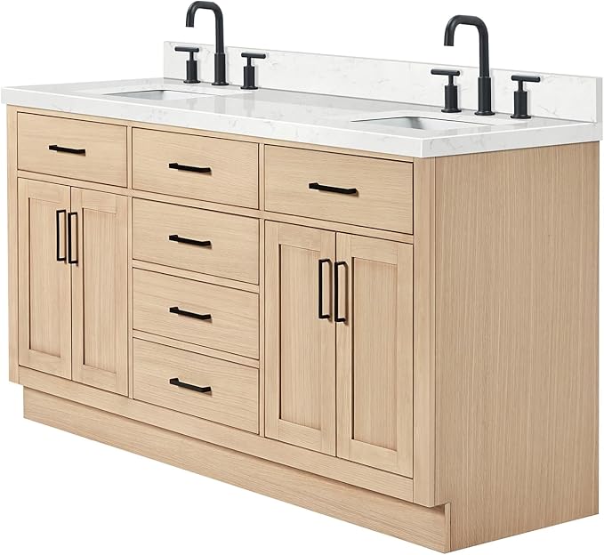 ARIEL Hepburn 66-inch Bathroom Vanity with Sink,Solid Wood, 1.5-inch Carrara White Quartz Countertop, Double Rectangular Porcelain Sink, 4 Soft Closing Doors, 6 Dovetail Drawers, White Oak