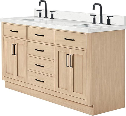 ARIEL Hepburn 66-inch Bathroom Vanity with Sink,Solid Wood, 1.5-inch Carrara White Quartz Countertop, Double Rectangular Porcelain Sink, 4 Soft Closing Doors, 6 Dovetail Drawers, White Oak