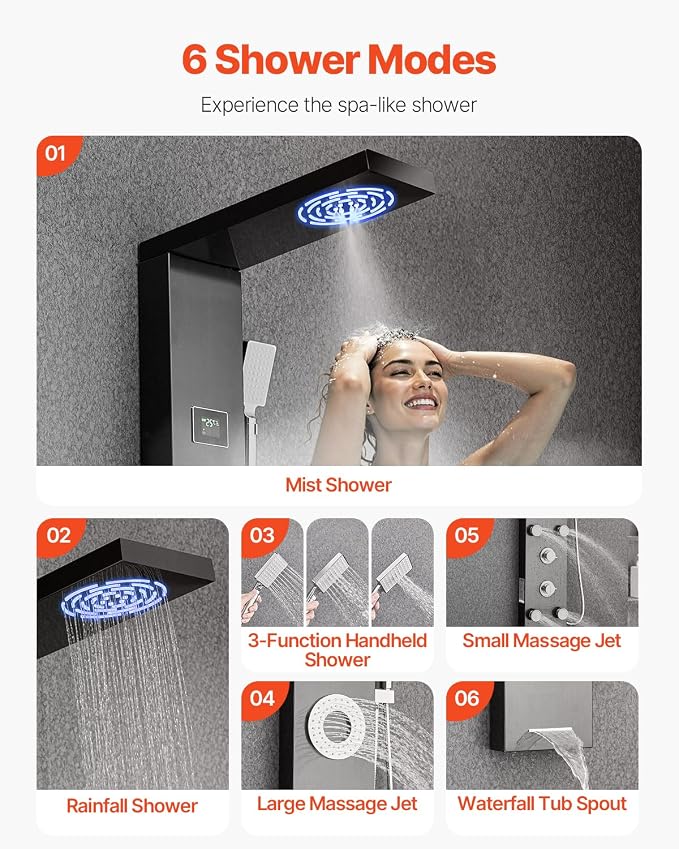 VEVOR Shower Panel Tower System with Rainfall Shower Head, LED, 53 in Brushed Stainless Steel Shower Column, 6-Function Faucet, Wall-Mount Rain Massage System with 5 Body Jets, Handheld, Tub Spout
