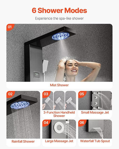 VEVOR Shower Panel Tower System with Rainfall Shower Head, LED, 53 in Brushed Stainless Steel Shower Column, 6-Function Faucet, Wall-Mount Rain Massage System with 5 Body Jets, Handheld, Tub Spout