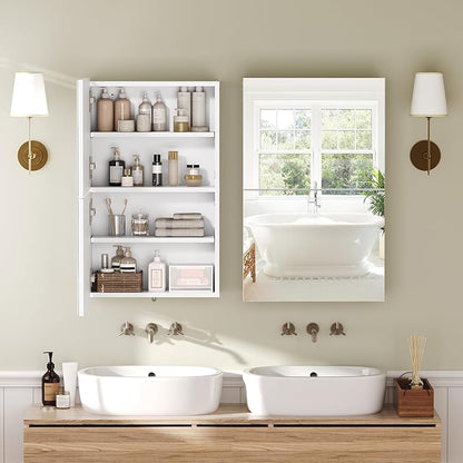 Medicine Cabinet with Mirror, Bathroom Cabinet Wall Mounted with 2 Mirrored Doors, Wooden Hanging Storage Cabinet with Adjustable Shelves, for Bathroom Vanity, Entryway, Living Room, White