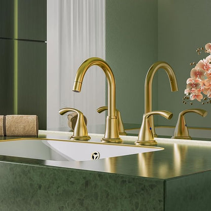 Phiestina Brushed Gold Farmhouse Rotatable Bathroom Faucet - 8 Inch Widespread 3-Hole with Pull-Out Sprayer, Lead-Free Stainless Steel, Metal Pop-Up Drain, Water Supply Lines, 2 Handles,WFJC180CL-BG