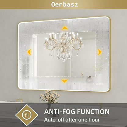 LED Mirror for Bathroom 40X28 Inch Gold Framed with Anti-Fog, Stepless Dimmable, Front Lit, LED Bathroom Vanity Mirror for Wall, Memory Function, Shatter-Proof