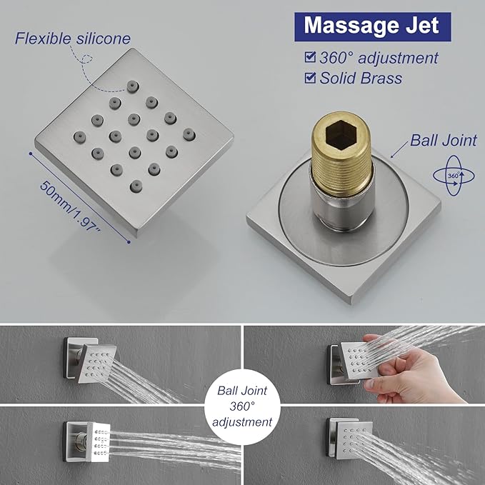 RUMOSE Rainfall Shower System with 4 Body Jets Wall Mounted 4 Mode Shower Faucet Set with 12 Inch Rain Shower Head and 2 in 1 Handheld Spray, Brushed Nickel Brass Shower Fixtures, Rough-in Valve