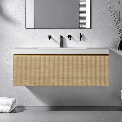 Wall Mounted Bathroom Sink Vanity, Modern 36" Floating Vanity with Resin Top Basin Sink and U-Shaped Soft-Close Storage Drawer, Striped Bathroom Storage Cabinet with Invisible Handle, Wood