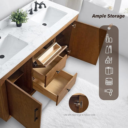 HOMEBEYOND 60" Bathroom Vanity with Double Sink & Ceramic Top, MDF Material Vanity Cabinet with Basin Combo, Soft-Closing Doors, Removable Shelf, Backsplash, Tan