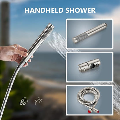 Aolemi Outdoor Shower Kit,8 Inch Rain Head and Handheld,Brushed Nickel | 2-Handle Hot and Cold Control, Adjustable Height, 6-Inch Center Valve, 59-Inch Hose, Winter Drainage Outdoor Shower Fixtures