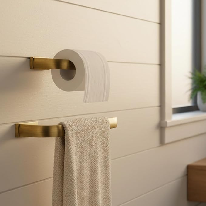 Flybath 2PC Set Toilet Paper Holder and Towel Holder Brushed Brass Antique | Rust-proof, Sturdy, Vintage Gold Hand Towel Ring Bar Rod Rack, Retro Loo Roll Holder Stand, Bathroom Accessories Wall Mount