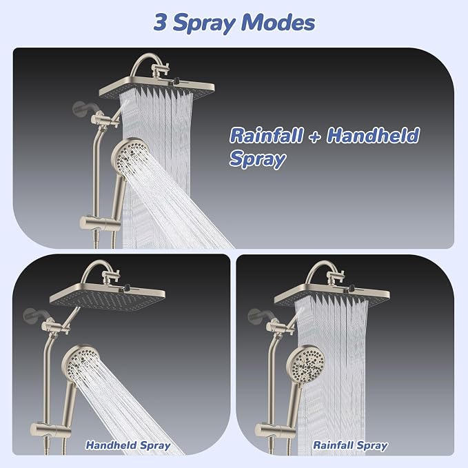 Hibbent cUPC Certified Upgraded 13'' Shower Head Combo, High Pressure 5 Spray Rainfall Showerhead with 10 Sprays Handheld, All Metal 3-way Diverter Shower Arm, 71'' Hose and Holder, Brushed Nickel