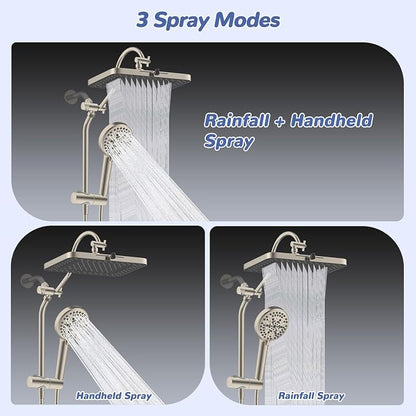 Hibbent cUPC Certified Upgraded 13'' Shower Head Combo, High Pressure 5 Spray Rainfall Showerhead with 10 Sprays Handheld, All Metal 3-way Diverter Shower Arm, 71'' Hose and Holder, Brushed Nickel