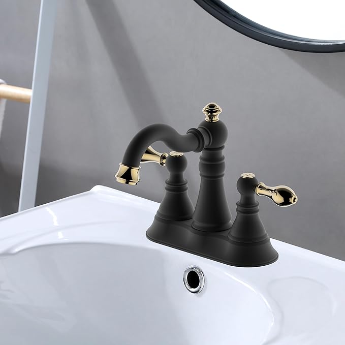 Two Handle Bathroom Faucet,Matte Black with Polished Brass Trim Bathroom Sink Faucet 3 Hole with Overflow Pop up Drain,4 Inch Centerset with 360° Swivel Spout,F-0048-MG