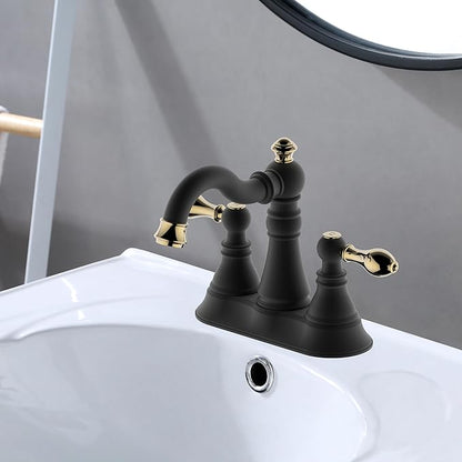 Two Handle Bathroom Faucet,Matte Black with Polished Brass Trim Bathroom Sink Faucet 3 Hole with Overflow Pop up Drain,4 Inch Centerset with 360° Swivel Spout,F-0048-MG