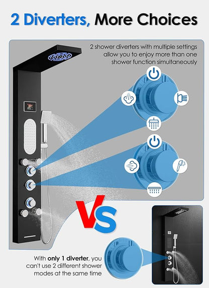 ROVOGO LED Shower Panel Tower System with Mist Rainfall Shower Head, Body Jets, Handheld and Tub Spout, No Battery Led Lights and Digital Display, Simultaneous Shower Column Stainless Steel, Black