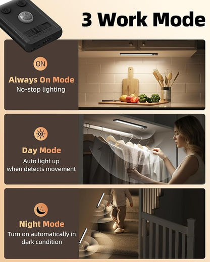 EZVALO Under Cabinet Lighting, 3500mAh Rechargeable Motion Sensor Light Indoor, 3 Color Temps, 5-Level Dimmable Magnetic Wireless Closet Lights for Kitchen, Stairs (Black, 2 Pack)