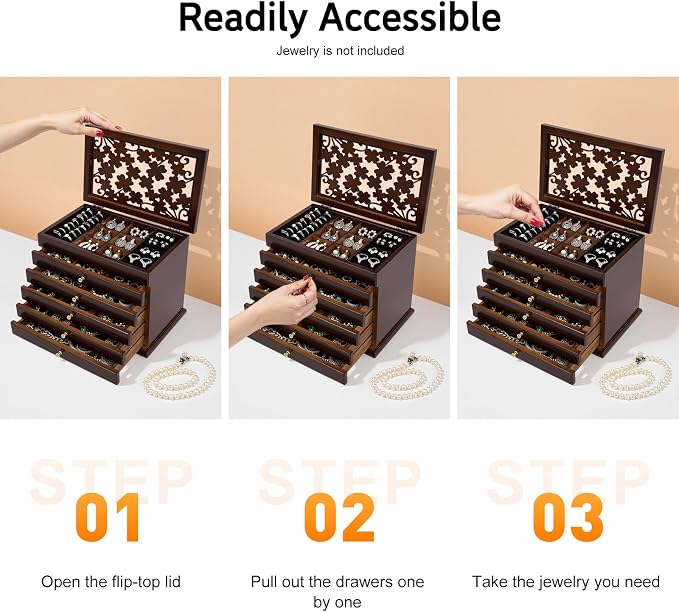 Extra Large Four-Leaf Carved 6 Layers Wooden Jewelry Box Jewelry Case Cabinet Armoire Ring Necklacel Gift Storage Box Organizer (Brown)