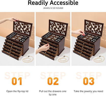 Extra Large Four-Leaf Carved 6 Layers Wooden Jewelry Box Jewelry Case Cabinet Armoire Ring Necklacel Gift Storage Box Organizer (Brown)