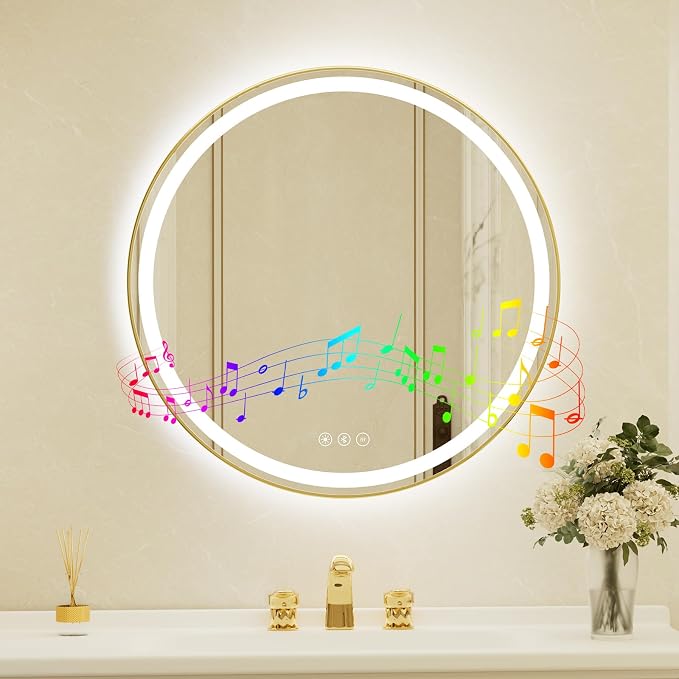 30 Inch Round Gold Framed LED Bathroom Mirror with Lights, Built-in Bluetooth Speaker,Tempered Glass,Dimmable Lighted Bathroom Vanity Mirror with 3 Colors, Backlit + Frontlit, Memory, Anti-Fog