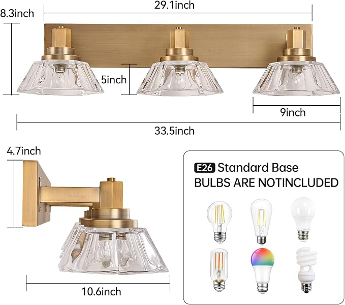 Vintage Bathroom Light Fixtures 3 Lights Vanity Light Matte Antique Brass Finish Vanity Light for Bathroom(13.2 pounds)
