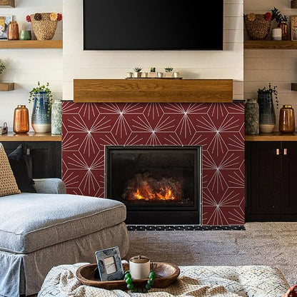 AULIGET Flower Vintage Hexagon Tile Peel and Stick Backsplash, 6"x7" Self Adhesive Wall Tiles in Red (Pack of 45)