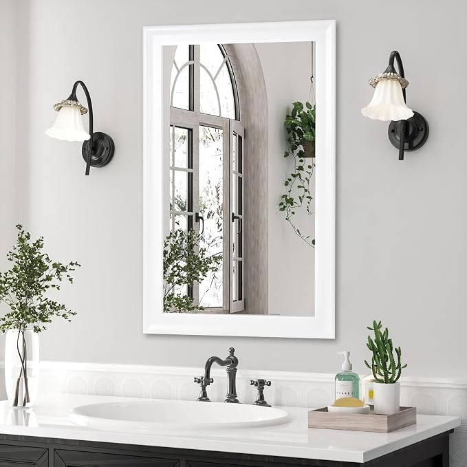 CULER White Bathroom Mirrors for Wall 26 x 40 Inch,Vanity Rustic Mirror | Hanging Tempered Glass Mirror for Bedroom Living Room or Entryway