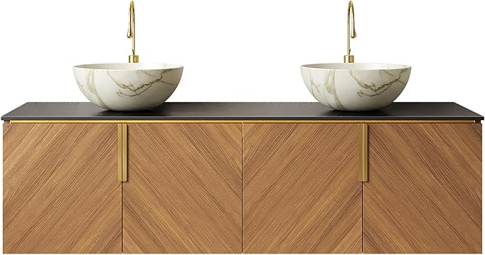 60" Double Sink Bathroom Vanity with Sink Combo, Floating Vanity with Vessel Sink, Wall-Mounted Plywood Bathroom Vanity Storage Cabinet with 4 Doors & 2 Bowl Basin, Brown Oak