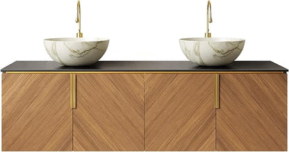 60" Double Sink Bathroom Vanity with Sink Combo, Floating Vanity with Vessel Sink, Wall-Mounted Plywood Bathroom Vanity Storage Cabinet with 4 Doors & 2 Bowl Basin, Brown Oak
